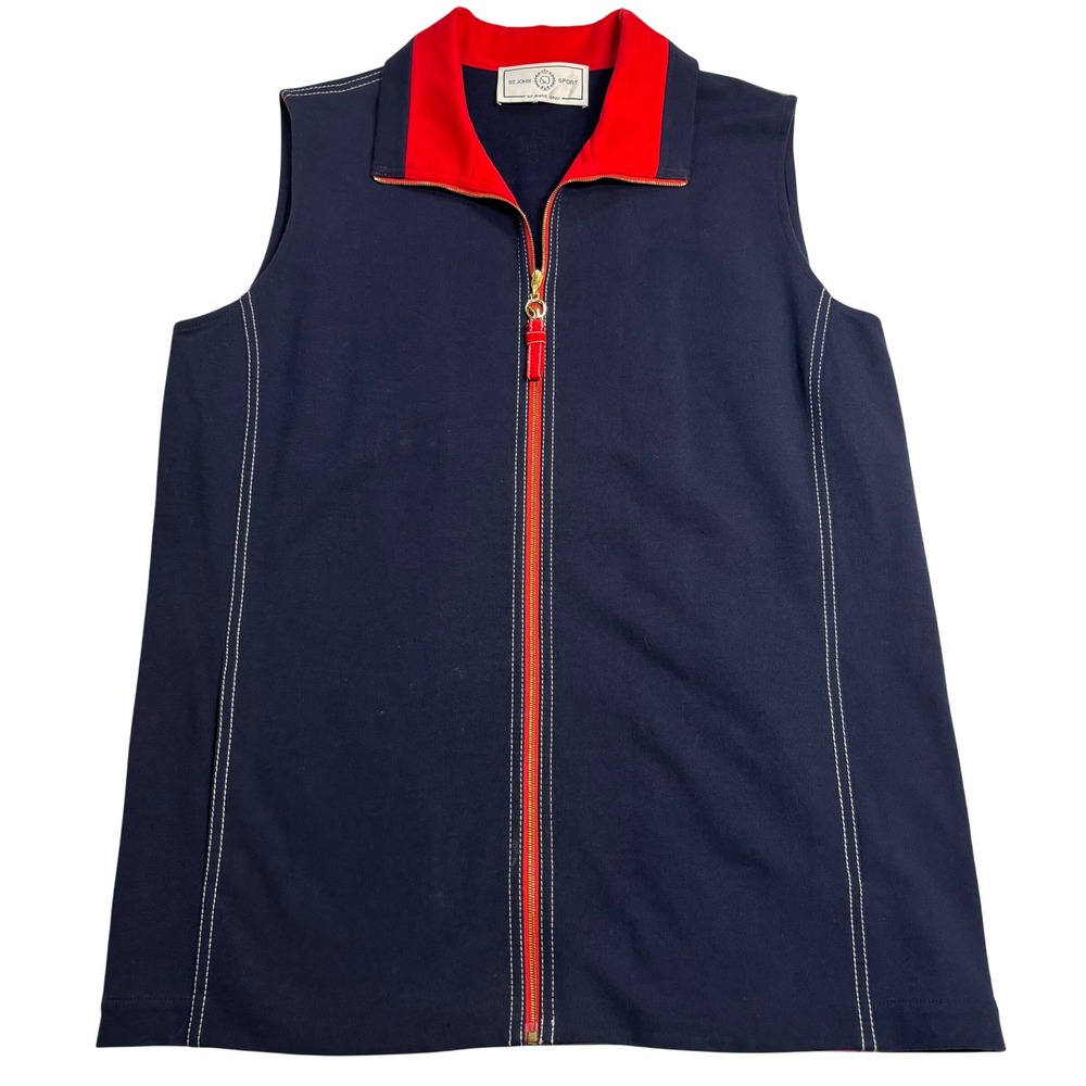 St. John Sport Vintage Vest Women Navy Red Excellent Zip Contrast Stitch Sz Med